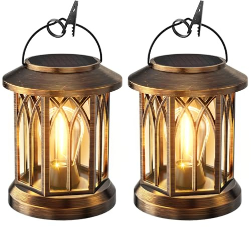 GEARLITE Lanterne Solaire Exterieur Jardin, 2 Pièces Lampe Solaires Exterieurs Suspendue Decorative, LED IP65 Étanche Lumiere Solaire Exterieur Blanc Chaud Tungstène avec Clips pour Jardin (Bronzé)