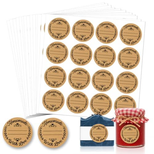 GOMAKERER 320 Pcs Homemade with Love Stickers, 5 CM Round Kraft Home Made Labels Jar Canning Label Stickers Self-Adhesive Packaging Sticker for Cookie Bags Fudge Containers Businesses Gifts
