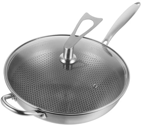 LABRIMP Wok Inoxidable con de Panal y Tapa Sartén Antiadherente para Cocina Eléctrica para Cocción Saludable y Limpieza