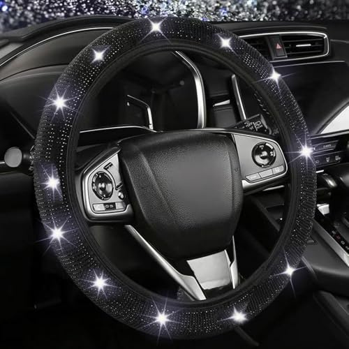 Soiftra Lenkradbezug Glitzer,Universalgröße 37-38CM Auto-Elastischer Lenkradschutz Glitzernden Diamanten Schwarze Strasssteine Atmungsaktiv rutschfest Auto-Dekozubehör für die meisten Autos Damen