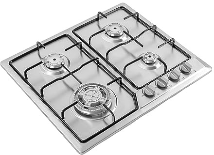 Piano cottura a gas a 4 fuochi, in acciaio inox, da cucina, a gas, interruttore girevole con bottone automatico, con 4 ugelli, 4 presine, per uso domestico o commerciale in ristoranti domestici, 58 x