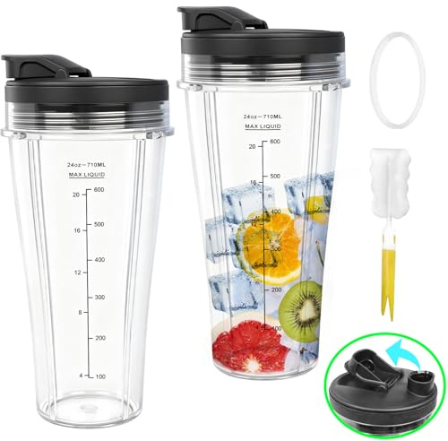 Paquete de 2 vasos de licuadora de 24 onzas de repuesto para Ninja, vasos de licuadora de batidos con tapas y cepillo compatibles con la licuadora Ninja Auto-iQ BN750UK BN495UK TB301UK TB401UK