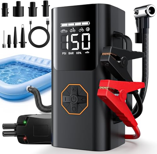 Lehwey 5500A 12V Portable Jump Starter with 150PSI Air Compressor & Air Pump for Inflatables, 9-in-1 Car Battery Jumper Box (All Gas/12L Diesel), 26800mAh Booster Pack with Tire Inflator, 600LM Light