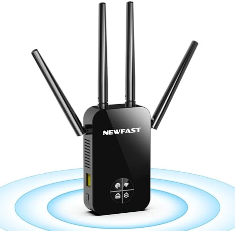 NEWFAST Ripetitore WiFi Potente per Casa, 1200Mbps WiFi Extender Dual Band 2.4GHz/5GHz con 4 Antenne, Porta Ethernet, WPS