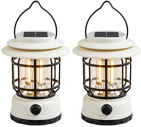 LED Campinglampe Dimmbar, Retro Camping Laterne mit USB-C Aufladbar, Tragbare IPX4 Wasserdichte Lampe für Camping, Zelt, Garten, Notfall, Wandern, Stromausfall (2 Stück Weiß)