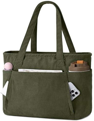 oscaurt Cord shopper väska damer handväska stor tygväska arbetsväska med 15,6 tum laptopfack axelväska strandväska väsentlig väska för universitet arbete resor gym, Manchestergrön, L