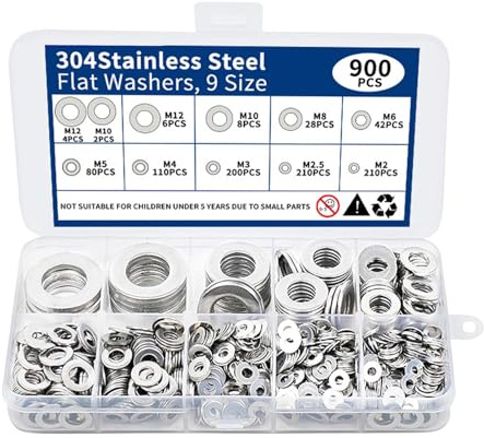 900 PCS Washer Kit, 9 Sizes M2, M2.5, M3, M4, M5, M6, M8, M10, M 12, Durable Stainless Steel Flat Washer for DIY, Home Repair, Woodworking and Automotive