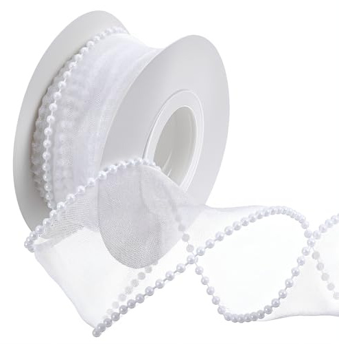 Nogeqi Pärlsnör, vitt, 4,5 m, spetsband, vitt chiffonband, genomskinligt, för bröllop, blommor, gör-det-själv, sy, förpackning