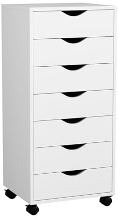 VOWNER Rollcontainer mit 7 Schubladen, mobiler Aktenschrank unter Schreibtisch, schmaler Schubladenschrank, Bürocontainer mit 4 Rollen, Druckertisch für Zuhause & Büro,35x40x87 cm (Weiß)