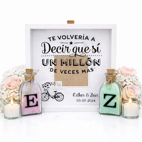 Genérico Ritual de Arena Boda Personalizado con Marco – Ceremonia de Arena para Bodas Civiles – Incluye 2 Frascos con Arenas de Colores a Elegir – Decoración y Recuerdo de Boda Personalizado