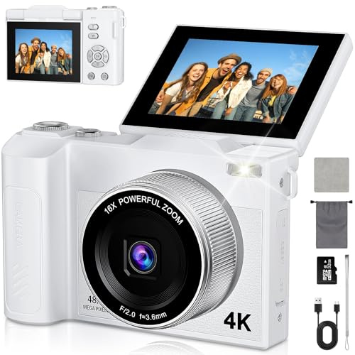 Cámara de Fotos 48MP 4K Cámara Digital Compacta con Zoom 16X 2,8 LCD Compacta Portátil Cámara con Tarjeta 32GB para Niños Principiantes Adulto (Negro) (Blanco)