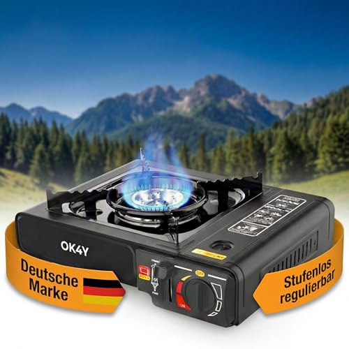 OK4Y Hornillo de camping a gas – Hornillo de gas portátil para camping con encendido piezoeléctrico, 2200 W, regulación continua, cocina para cartucho de gas | marca alemana