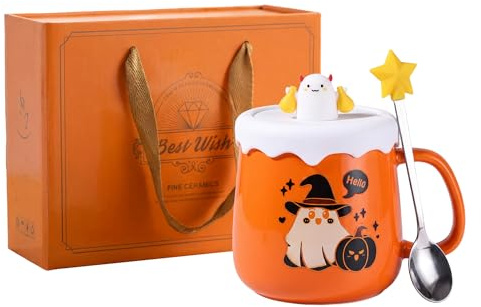 Tasse d'Halloween avec cuillère et couvercle de tasse à café, tasse en céramique avec boîte cadeau, tasse d'Halloween de Noël, tasse de citrouille effrayante, cadeau d'anniversaire, 420 ml