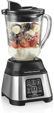 Hamilton Beach Blender for Smoothies with 5 Functions Including Auto Smoothie Cycle, Wave Action System for Ultra Smooth Results, 850 Watts, 40oz BPA Free Glass Jar, Stainless Steel (56208)