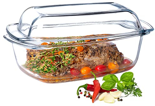 KADAX Pirofila Grande per Cottura al Forno in Vetro Trasparente, Casseruola Rettangolare con Coperchio da Cucina, Piatto Resistente al Calore (5.1 L)