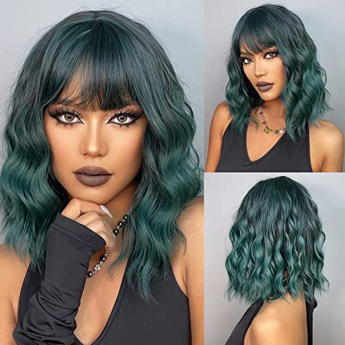 HAIRCUBE Kurze Charming Bob mit Bangs Perücken für Frau Natur Hitzebeständige Synthetische Faser Party/Cosplay/Kostüm/Tägliche Perücke (dunkelgrün)