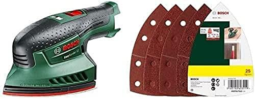 Bosch Akku Multischleifer EasySander 12 (ohne Akku, 12 Volt System, im Karton) + 25tlg. Schleifblatt Set (verschiedene Materialien, Körnung 40/80/120/180, 11 Löcher)