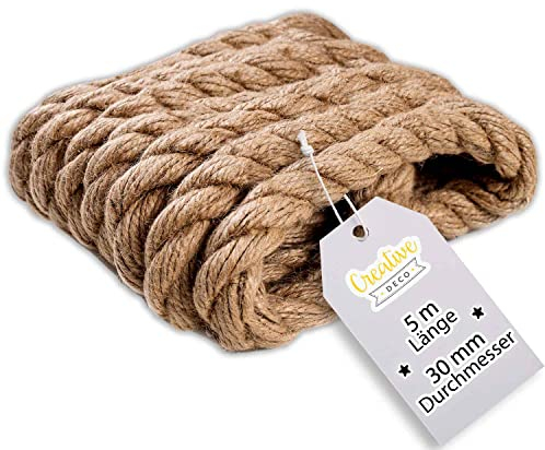 Creative Deco 5m Corde de Jute Epaisseur 30mm | Personnalisation Possible Tous Les 5m | Corde Solide et Durable | Torsadé en Fibres Naturelles | Bricolage, Balustrade, Jardin et Maison