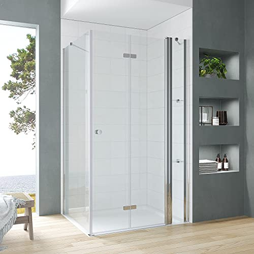Duschkabine Eckeinstieg rahmenlos 110x70 cm Falttür Drehfalttür an Festteil 110 cm mit festem Seitenteil 70 cm Eckdusche mit Duschtür Glas und Seitenwand inkl. Eckablage Eckregale Echtglas Klar 5 mm
