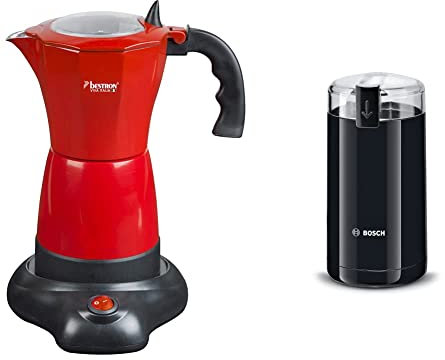 Bestron Elektrischer Espresso-Kocher mit Basis, Viva Italia, Für 6 Espressotassen: 180 ml, 480 Watt, Aluminium, Rot & Bosch Hausgeräte TSM6A013B Kaffeemühle, Schwarz