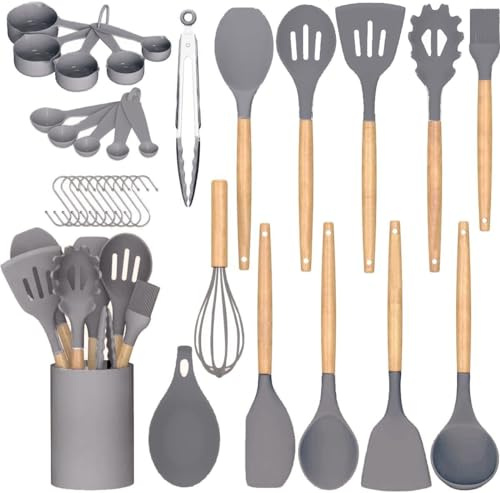 AHASON Large Size 33pc Grey Silicone Cooking Utensils Set with Holder — Heat Resistant Kitchen Tools, Wooden Handles, Measuring Cups, Spoons & Hooks — Non-Stick, BPA-Free