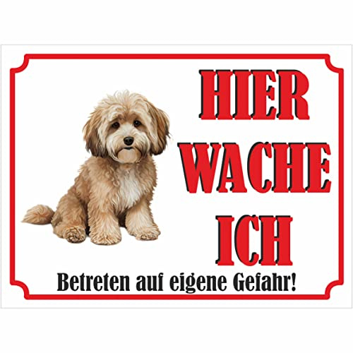 INDIGOS UG - Maltipoo - Schild bedruckt - Hier wache ich - Aluverbundplatte weiß - ab 20x15 cm - Spruch - Deko Geschenkidee für Ihren Hund - Zaun - Türschild