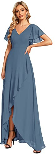 Ever-Pretty Robe de Mariage Femme Longue Asymétrique Manches Courtes Col V Fendue Fluide Chic Bleu Marine 50