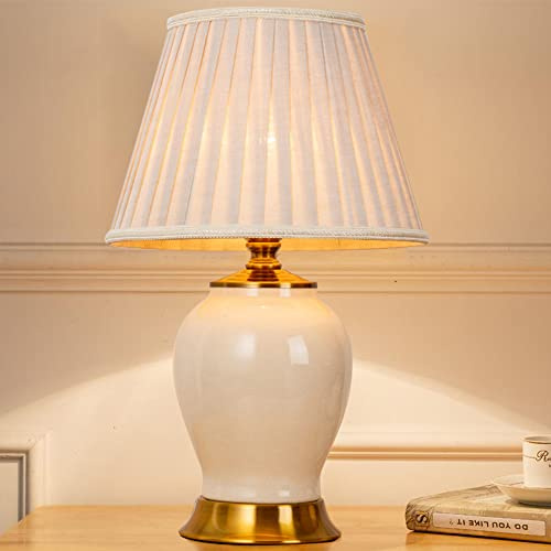 Mengjay Keramik Tischlampe Tischleuchte Nachttischlampe,Nachttisch Lichtdekoration Schreibtischleuchten,Stoff Lampenschirm Schlafzimmer Tischleuchte Beleuchtung,Leselampe (Weiß)