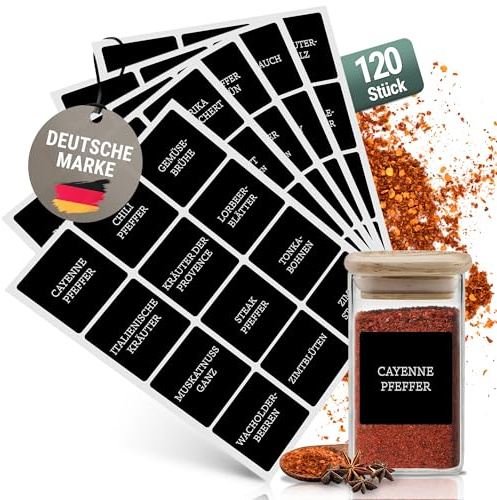 Gewürzetiketten Selbstklebend – 120 Sticker für Gewürzgläser & Gewürzdosen - Wasserfeste Gewürzaufkleber - Spice Jar Label - Beschriftete Etiketten für Küchenorganisation - Quadratisch Schwarz