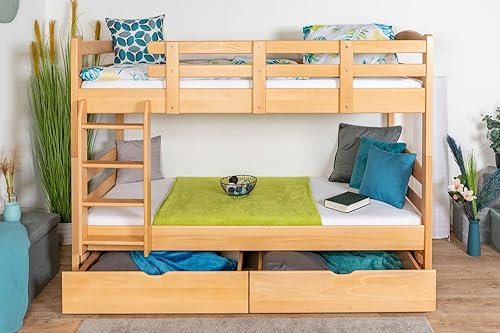 Etagenbett 90 x 200 cm für Erwachsene Easy Premium Line K17/n inkl. 2 Schubladen und 2 Abdeckblenden, Buche Massivholz Natur lackiert, teilbar