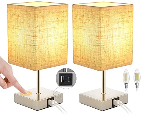 2PCS Lampe de Chevet tactile, Lampe de Bureau LED Dimmable, 3 Niveaux de Luminosité, 2 Ports USB de Charge & 2 Ampoules à intensité variable, parfait pour le salon, chambre, bureaux (Beige, Type-C)