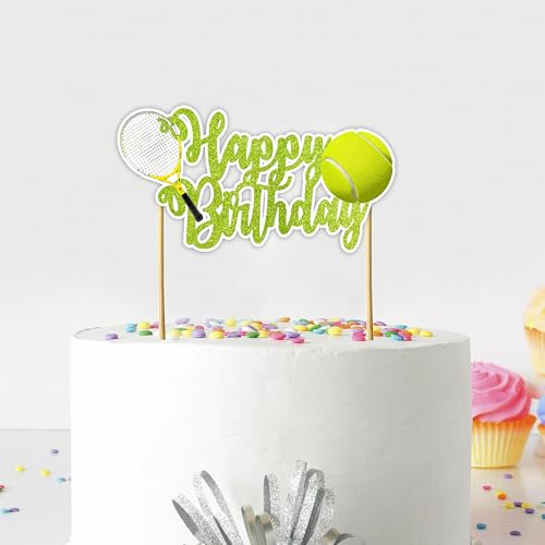 Décoration de gâteau d'anniversaire sur le thème sportif pour les amateurs de tennis, enfants et adultes – Vert et doré à paillettes pour célébrations d'anniversaire de tennis