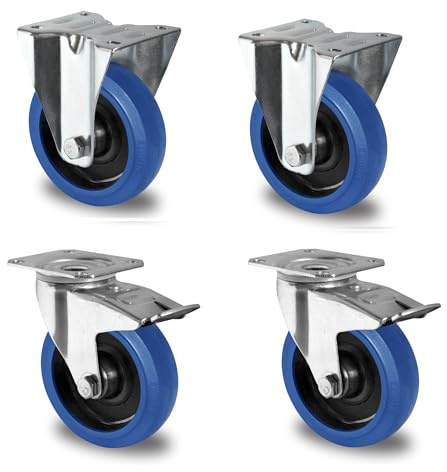 DELEX-Rollen - Rollensatz 2 Lenkrollen mit Bremse und 2 Bockrollen mit Rollenlager 80 mm Durchmesser - Serie R4F1 - Blue Wheels
