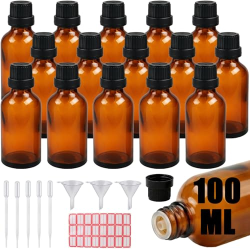 SHUESS 15 Stück Braunglasflaschen 100ml, Tropfflasche mit Tropfereinsatz, Apothekerflasche 100ml Braun Set inkl. Pipetten, Trichter & Etiketten, Pipettenflasche, Leere Glasflaschen für Ätherische Öle