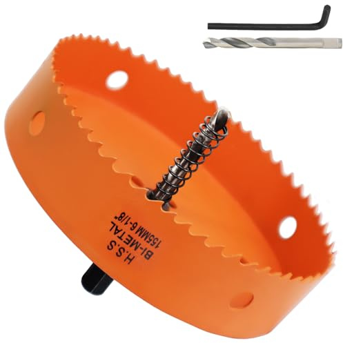 155mm Hole Saw, 6-1/8'' HSS Bi-Metal Hole Cutter with Arbor, Cutting Depth 32 mm, Hole Saw Drill Bit for Cutting Wood, Plywood, Plastic, Drywall, Thin Metal Sheets (with 1 spare drill)