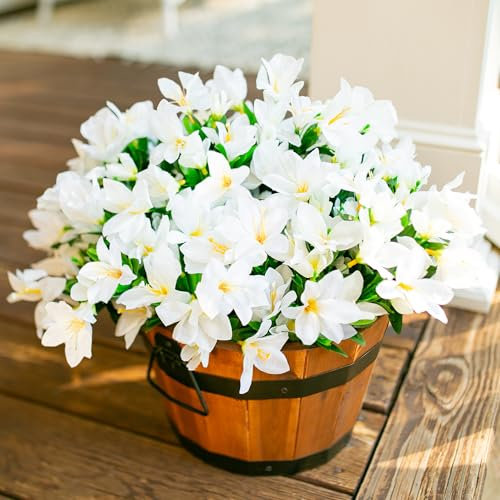 INSPRING Artificial Fake Spring Flowers for Outdoors Decoration, 3 Bundles Faux Azalea Plants Flower Look Real UV Resistant Silk Flowers for Outside Planters Patio Porch Garden Yard Window Home, White