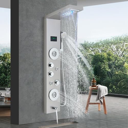 Harnart Colonne de Douche Hydromassante pour baignoire 6 en 1 avec LED Brossée Colonne Douche Hydromassage Acier Inoxydable Système de Panneau de Douche mural