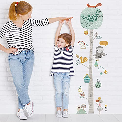 WandSticker4U®- Wandtattoo BAUM MESSLATTE (39x133 cm) I Wand Deko Babyzimmer Mädchen Junge Wandsticker Wachstum ‎Messleiste Wald-tiere Maus Eule Wolken Aufkleber Kinder