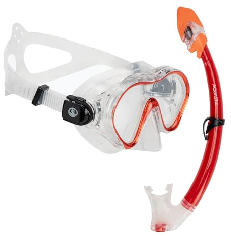 AQUASTIC Minke JR - Máscara de esnórquel para niños 2 en 1 y Set de esnórquel en Color Rojo con Delantal de Cristal Templado Resistente y Boquilla de esnórquel de Silicona hipoalergénica para mar y