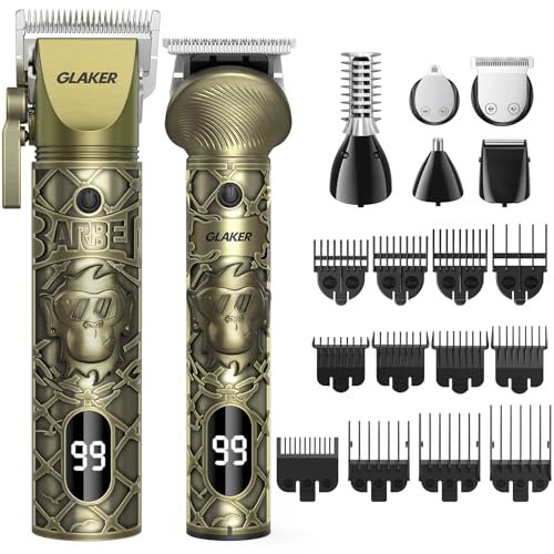 GLAKER Cortapelos y Cortabarbas 6 en 1 para Hombres, Profesional para Cortes de Cabello, Cortapelos Inalámbrico, Recortador de Vello Nasal y Facial, Bigote, Afeitadora Corporal (Gold)