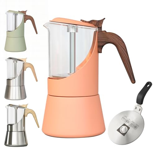 TWOCE Glass Moka Pot for Stovetop & Induction - Italian Espresso Maker with Wood Handle & Leak-Proof Design - Comes with Induction Heat Diffuser Plate (6 Cup, 240ml)