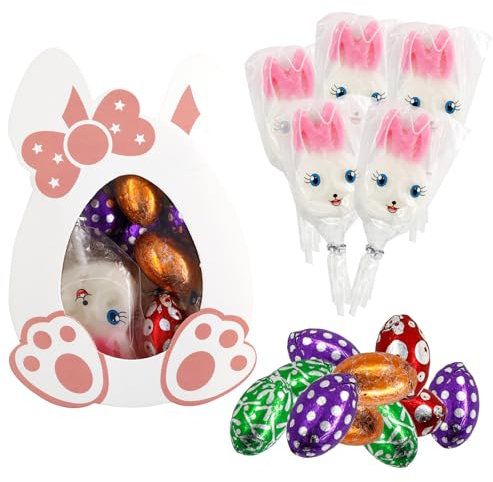Chocolate de Pascua, Surtido de Dulces de Pascua, Huevo de Chocolate de Primera Calidad, 10 Huevos de Pascua de Chocolate + 5 Gomitas de Conejito, Dulces de Pascua, Regalo de Pascua para Niños Adultos