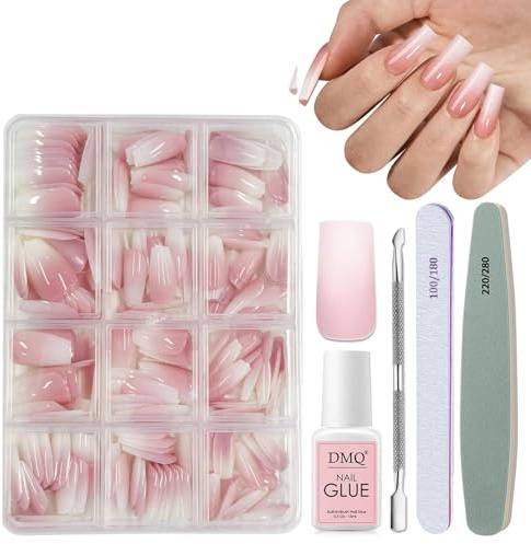 DMQ Square Ombre False Nails Kit with Glue, 240Pcs Natural Gradient Pink Fake Nails, Acrylic Press on Nails Pink Tips, 12 Sizes Glossy Full Cover Stick on Nail for Women Girls Nails Art