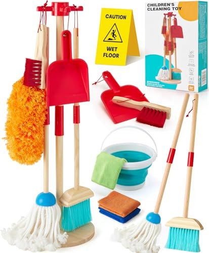 Atoylink Kinder Putzset 9-Teilige Holzspielzeug mit Kinder Besen Mopp Kehrschaufel Set Handfeger Eimer Lappen Staubwedel Ständer aus Holz Putzset Rollenspiele für Mädchen Jungen 3 4 5 6 Jahre