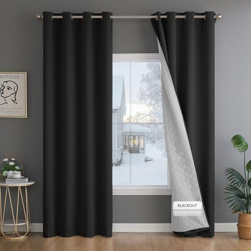 3-In-1 Thermal Curtains Insulated Blackout with Liner - Soundproof Curtain Noise Cancelling - Thick Heavy Insulating Window Drapes Heat Blocking for Living Room Bedroom 108 Inch Length 1 Panel Set
