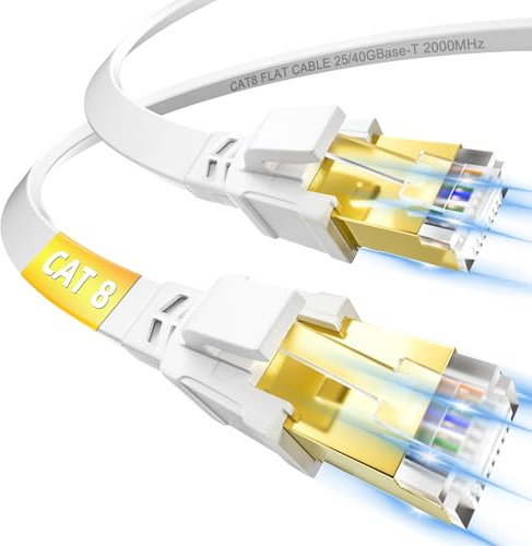Soibke Cable Ethernet 5 Metros, Cable Lan Plano Alta Velocidad Cat 8 Cable de Red Blanco Gigabit RJ45 Cable LAN 5m -40Gbps 2000MHz Cable Internet para Switch Rúter Módem PC