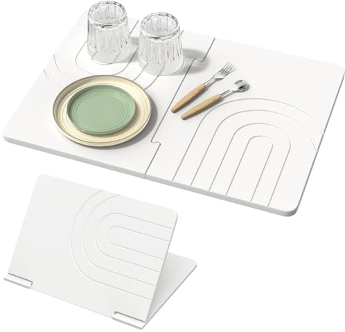 Luxspire Large Stone Drying Mat for Kitchen Counter 61×40 cm- Fast-Absorbing Dish Drying Mat Non-Slip Drying Pad for Dishes, Utensils, Cups Waterproof Counter Protector for Kitchen Bathroom, White