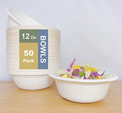 EcoHousing [12 Ounces(350), 50Pcs, White 100% Compostable Paper Disposable Bowls, Made of Bagasse Fibers, Eco-Friendly and Natural Biodegradable, Perfect for Salad, Soup, Dessert