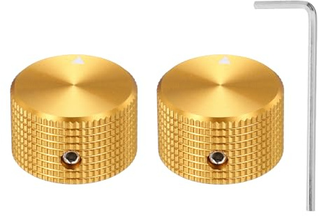QUARKZMAN 2 Stück Aluminium Potentiometer Knöpfe, 6mm x 25mm x 15.5mm Universelle Lautstärke Tonregler Knöpfe mit Schraubenschlüssel für Gitarre, Bass, Plaid Gold