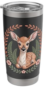 Cottagecore Baby Deer Fawn In Floral Fern Wreath Stainless Steel Insulated Tumbler